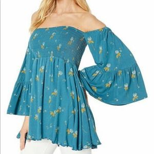 Free People Lana Blue White Top Floral Blouse Empire Waist Bell Sleeves …